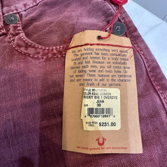 True Religion Ricky Big T Overdye Jeans – Men’s Size 30 – Color: ASSD Crimson - Picture 7 of 9